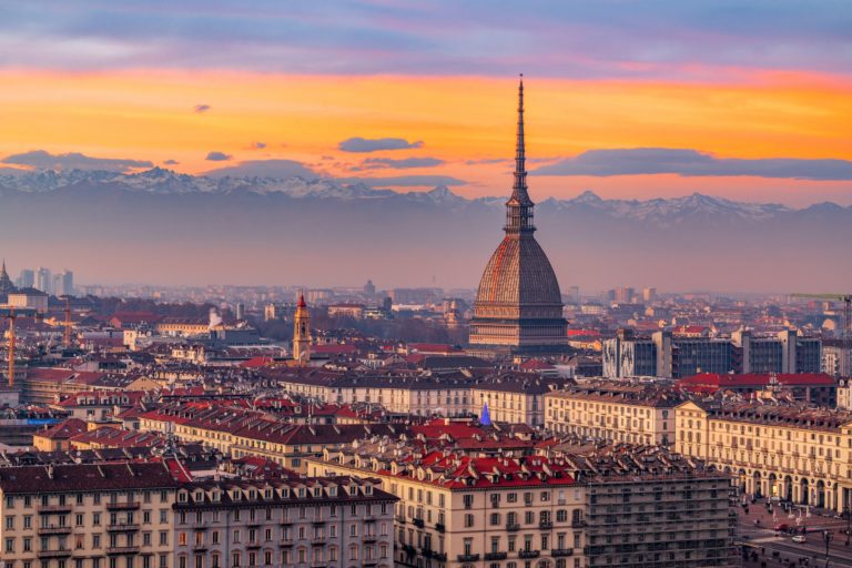 Turin, Piedmont, Italy Skyline at Dusk