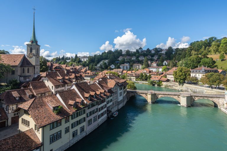 Bern Old Town cityscape viewed form Nydegg Bridge above Aare River